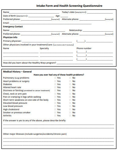 intake form and health screening questionnaire template