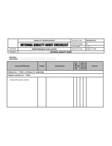 internal quality audit chiecklist