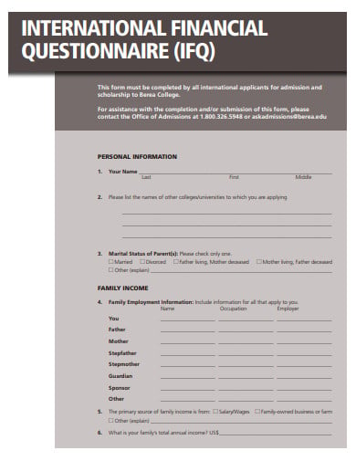 international financial questionnaire
