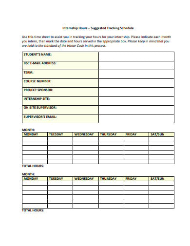 internship hours tracking schedule sheet template
