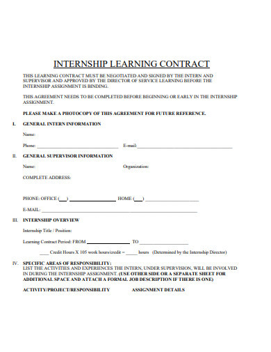 internship learning contract template in pdf