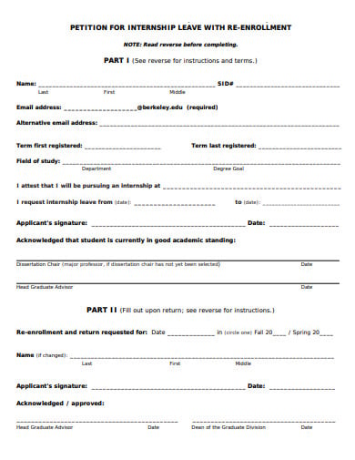 internship leave with re enrollment form template