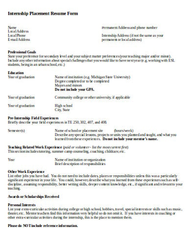 internship-placement-resume-form