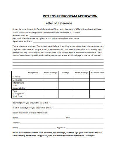 internship program application reference letter template