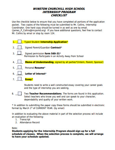 internship program checklist example
