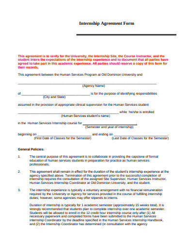 internship site agreement form template