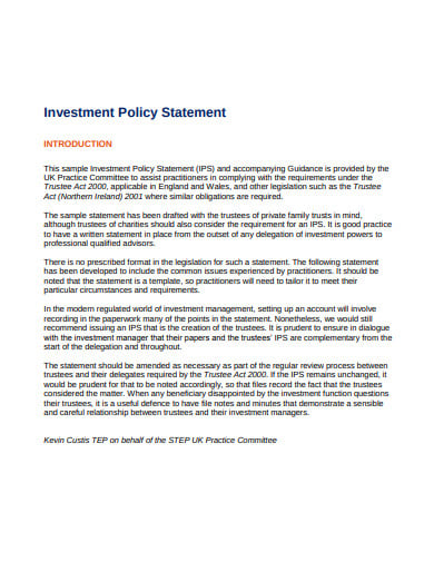 11  Investment Policy Statement Templates in DOC PDF