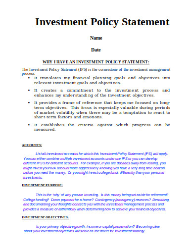 11  Investment Policy Statement Templates in DOC PDF