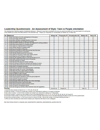 leadership assesement questionnaire example