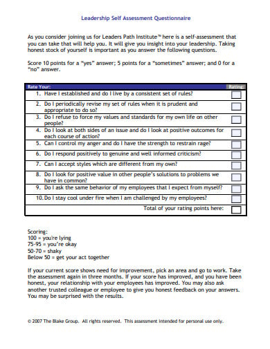 Self Assessment Leadership Style Quiz Printable