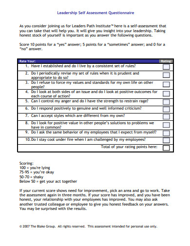 leadership self assesment questionnnaire template