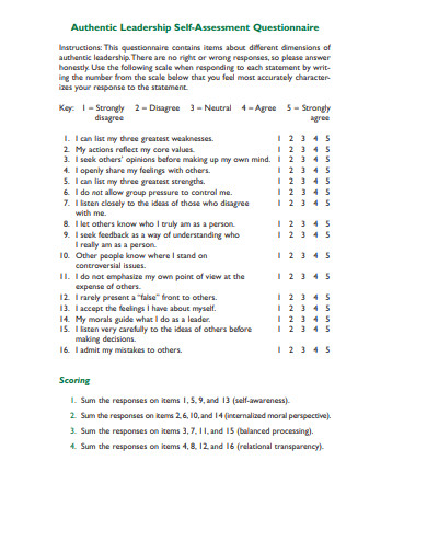 leadership self assessment questionnaire template