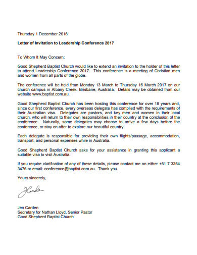 letter of church invitation to leadership conference