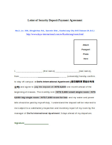 letter of security deposit payment agreement template