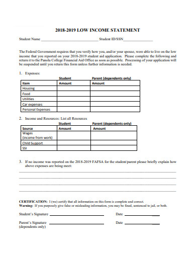 low income statement template