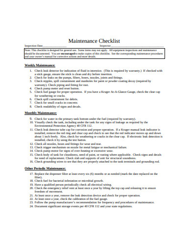 maintenance checklist example