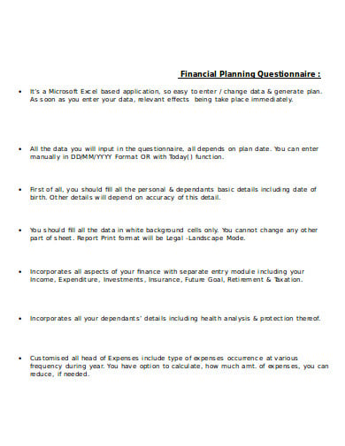 management financial planning questionnaire template