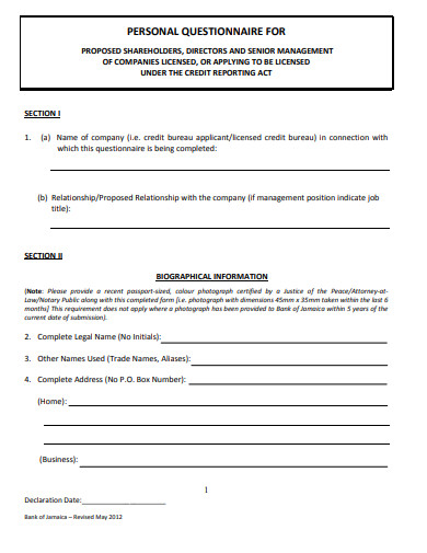 management personal questionnaire template
