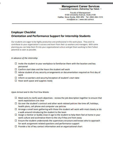 management internship employee checklist template