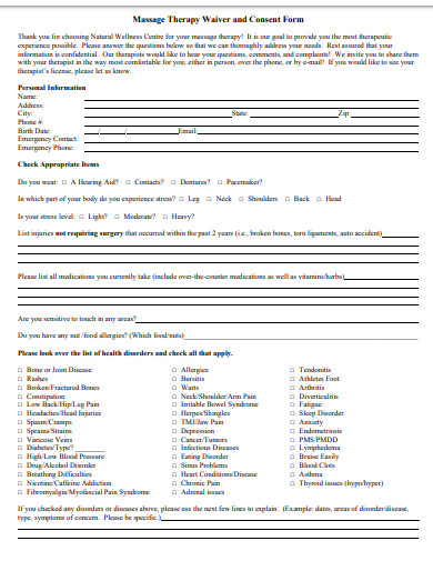 massage therapy waiver and consent form template