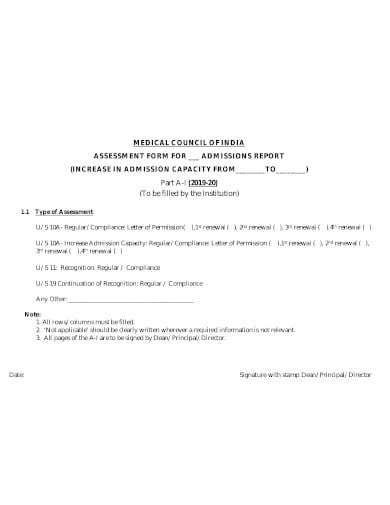 medical assessment form for admission