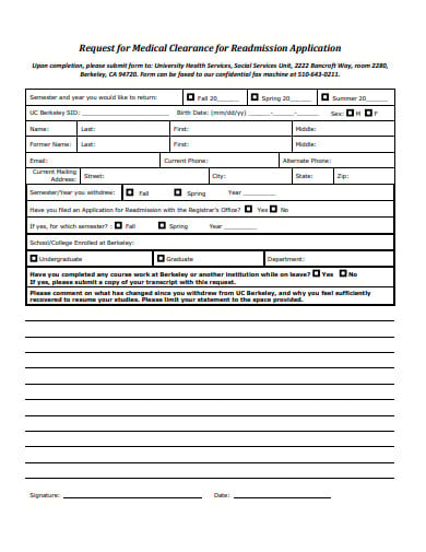 medical clearance request application form example