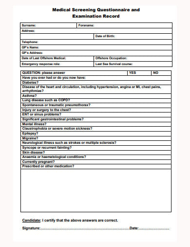medical screening questionnaire examination record template