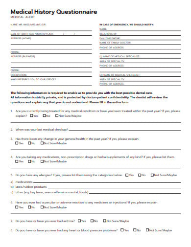 medical history questionnaire example