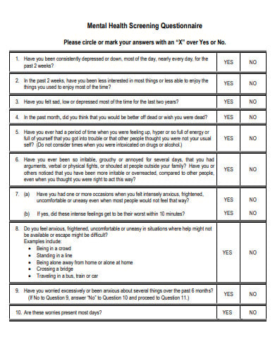 mental health screening questionnaire template