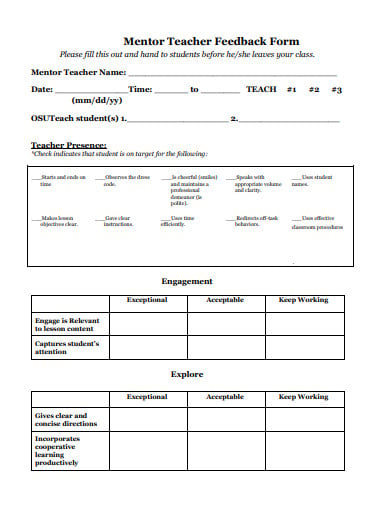 mentor teacher feedback form template