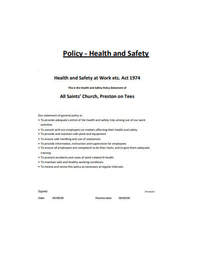 model church health and safety policy