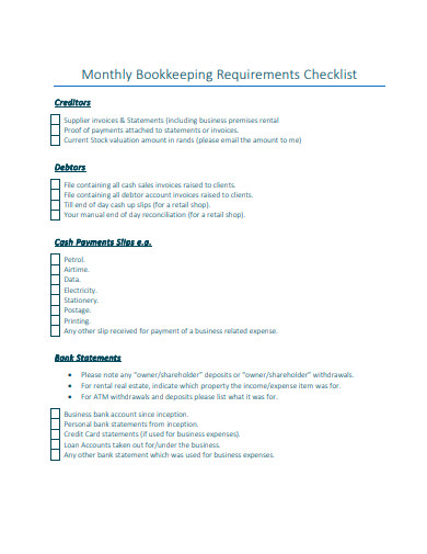 monthly bookkeeping requirements checklist