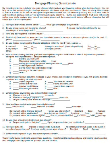 mortgage financial planning questionnaire template