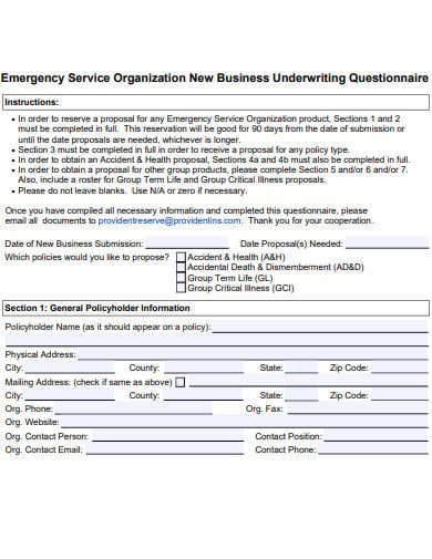new business underwriting questionnaire