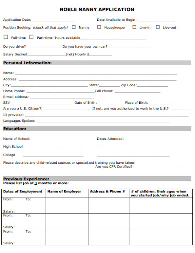noble nanny employment application template
