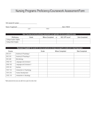 nursing proficiency assessment form template