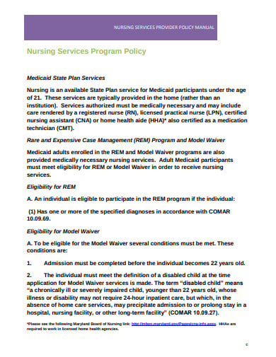 nursing services provider policy