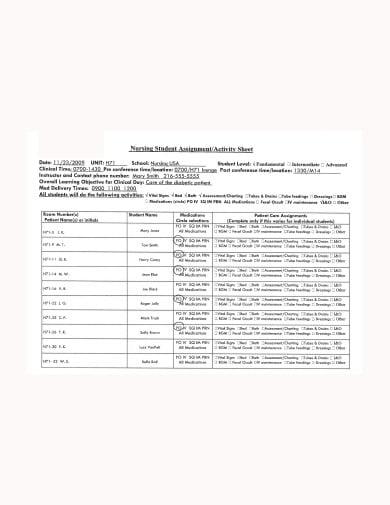 nursing students assignment activity sheet template