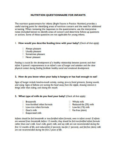 nutrition questionnaire format
