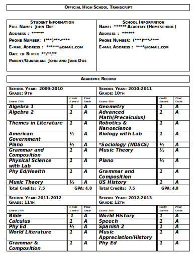 high school transcript format