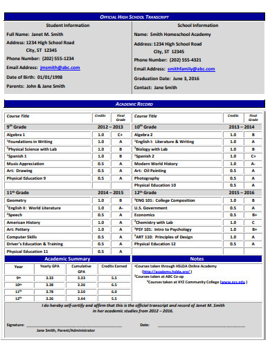 13 High School Transcript Templates In PDF DOC   Official High School Transcript 