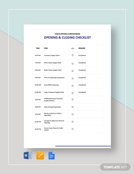 11  Opening Checklist Templates Google Docs Word Pages PDF