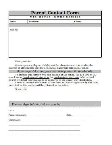 parent contact form example
