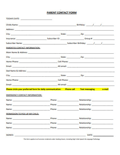10  Parent Contact Form Templates in PDF DOC
