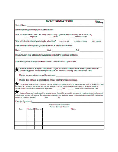 parent contact form template