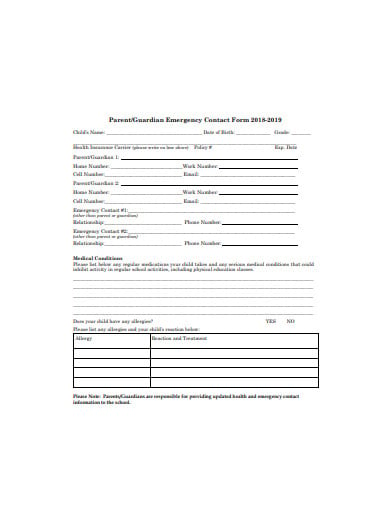 parent emergency contact form template