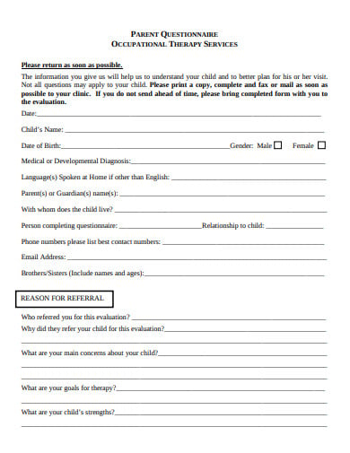 parent occupational therapy questionnaire