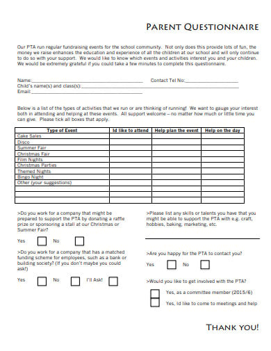 parent questionnaire example
