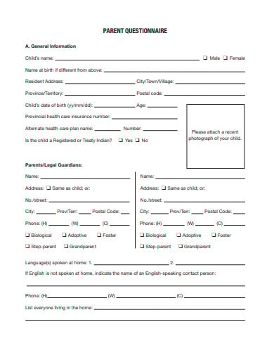 parent questionnaire template
