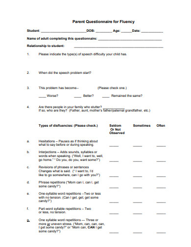 parent questionnaire for fluency